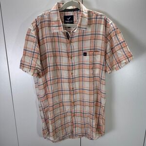 Twill Linen Plaid Peach Orange Button Down Short Sleeve Shirt‎ Mens Medium